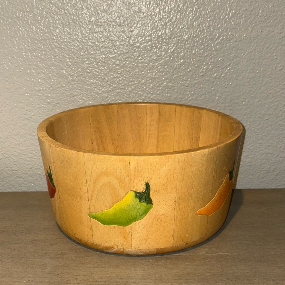 Wood Salad Bowl Red Hot Chili Peppers Clay Art Vintage